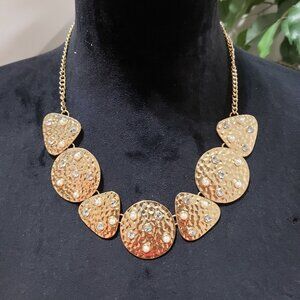 Womens Fashion Retro Gold Tone Disc Rhinestone & Faux Pearl Statement Necklace